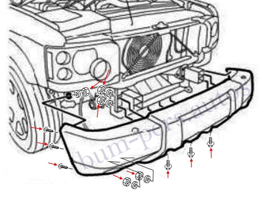 Front bumper mounting scheme for Land Rover Discovery 2 (1998-2004)