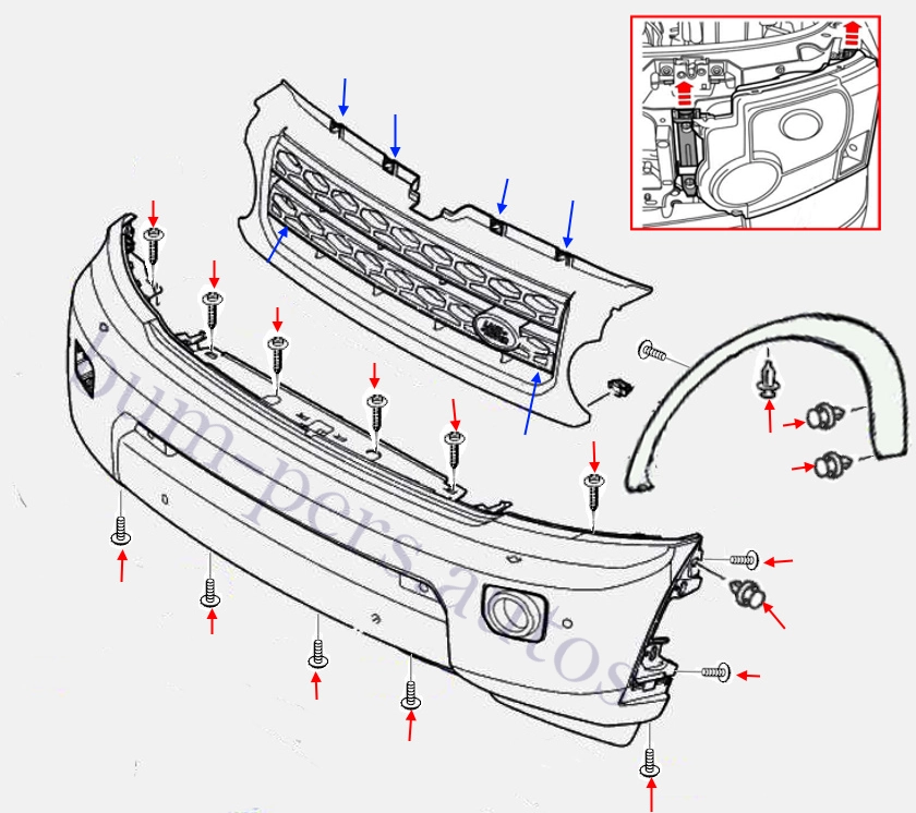 Front bumper mounting scheme for Land Rover Discovery 4 / LR4 (2009-2016)