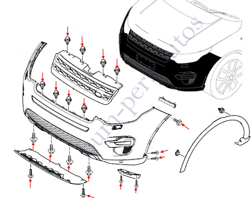 Front bumper mounting scheme for Land Rover Discovery Sport I (2014-2024)