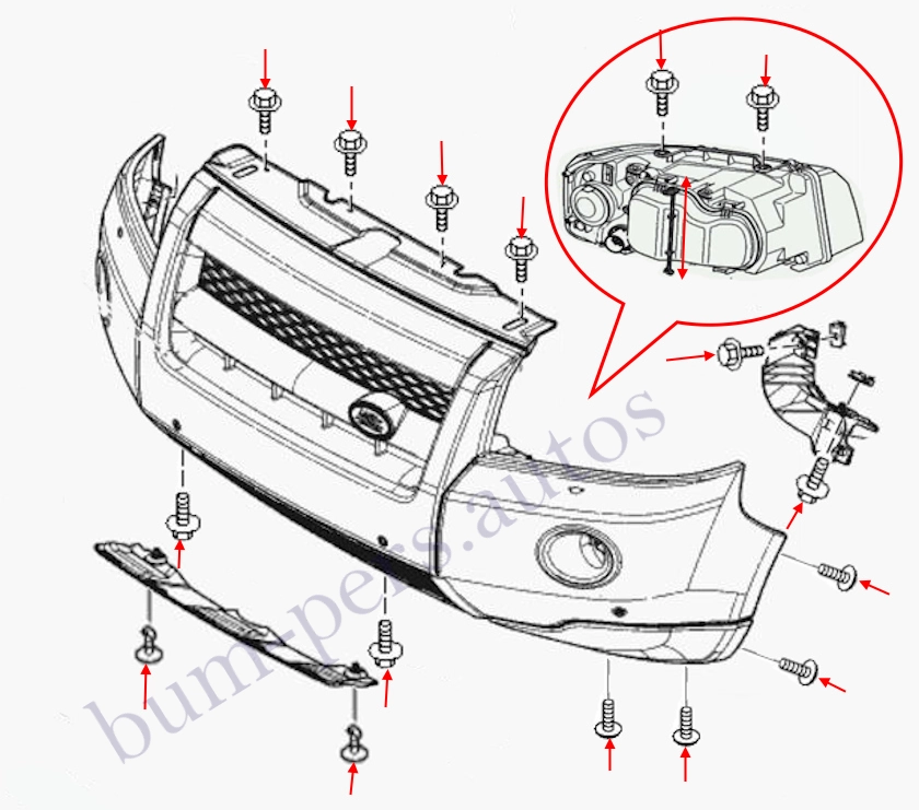 Front bumper mounting scheme for Land Rover Freelander II / RL2 (2006-2015)