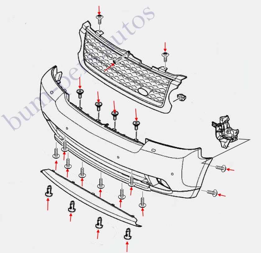 Front bumper mounting scheme for Range Rover 3 (L322) (2001-2012)