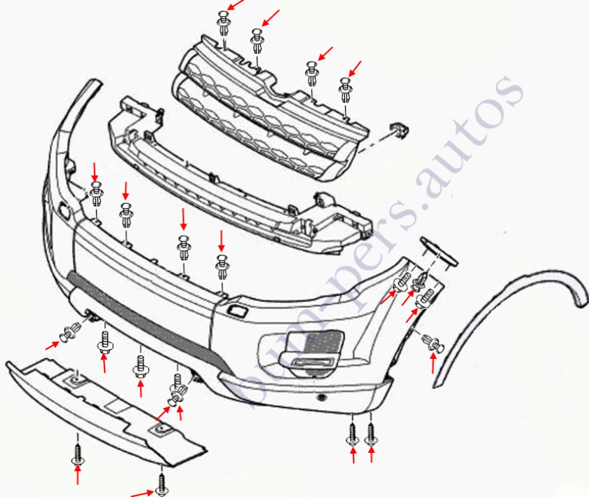 Front bumper mounting scheme for Range Rover Evoque (L538) (2011-2018)