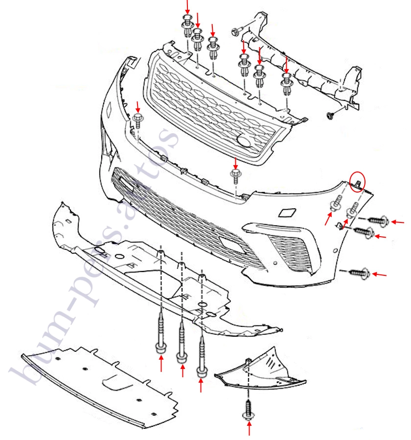 Front bumper mounting scheme for Range Rover Velar I (L560) (2013-2025)