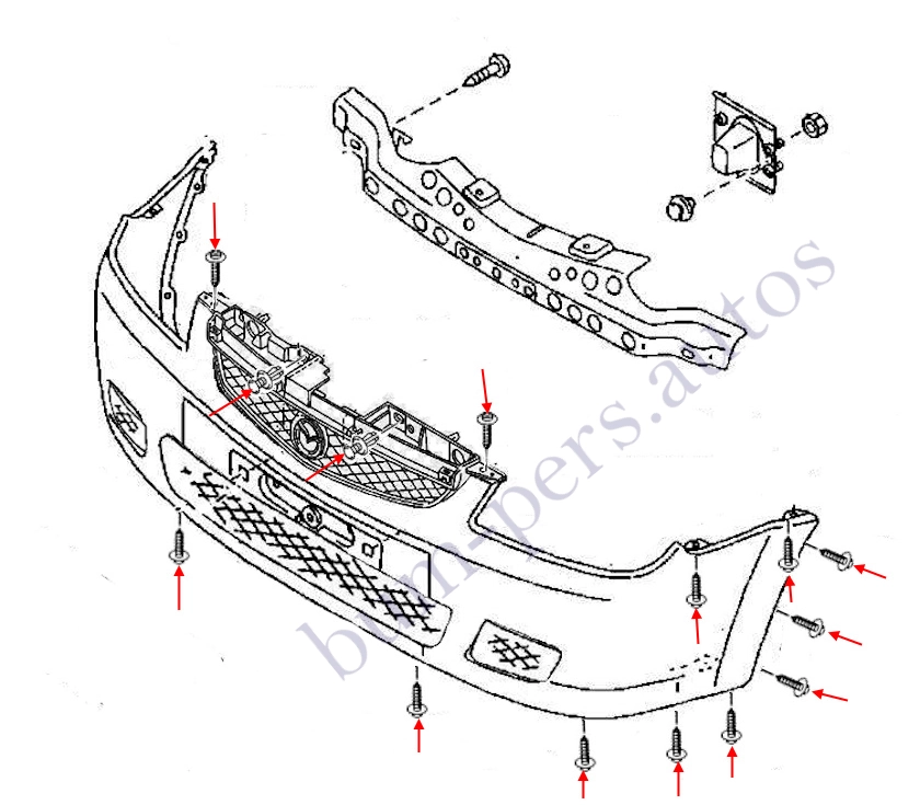 Front bumper mounting scheme for Mazda 323 / Familia / Protege (1998-2003)