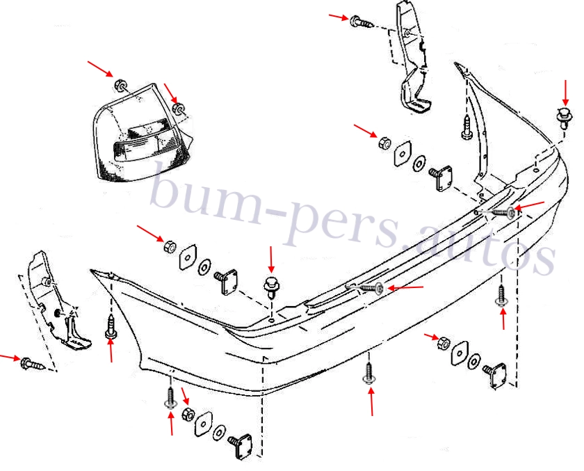 Rear bumper mounting scheme for Mazda 323 / Familia / Protege (1998-2003)