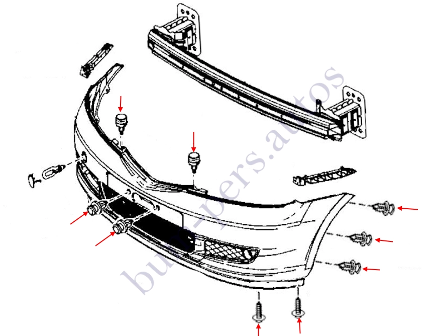 Front bumper mounting scheme for Mazda 2 / Demio (2002-2007)