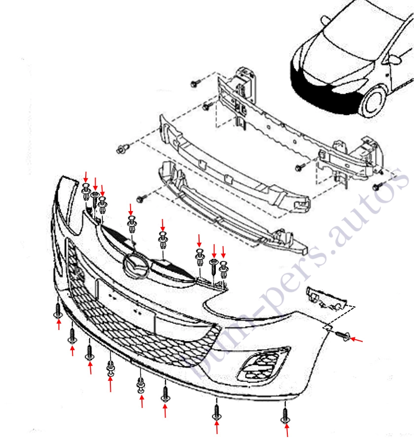 Front bumper mounting scheme for Mazda 2 / Demio (2007-2014)