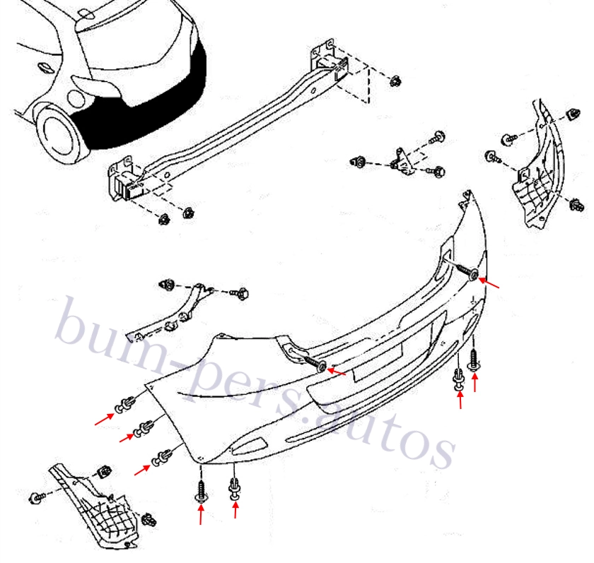 Rear bumper mounting scheme for Mazda 2 / Demio (2007-2014)