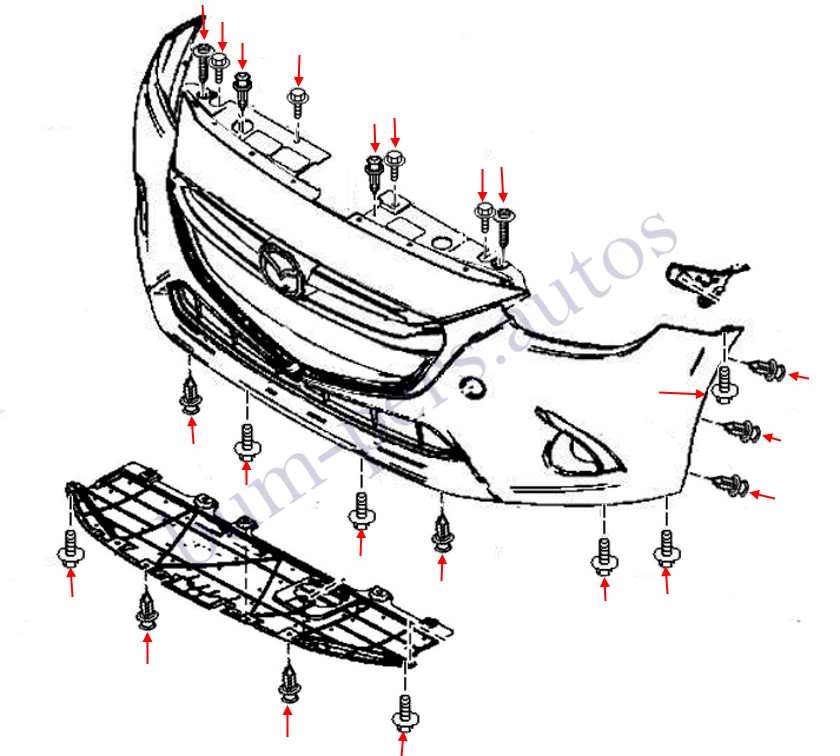 Front bumper mounting scheme for Mazda 2 MK3 / Demio (2014-2023)