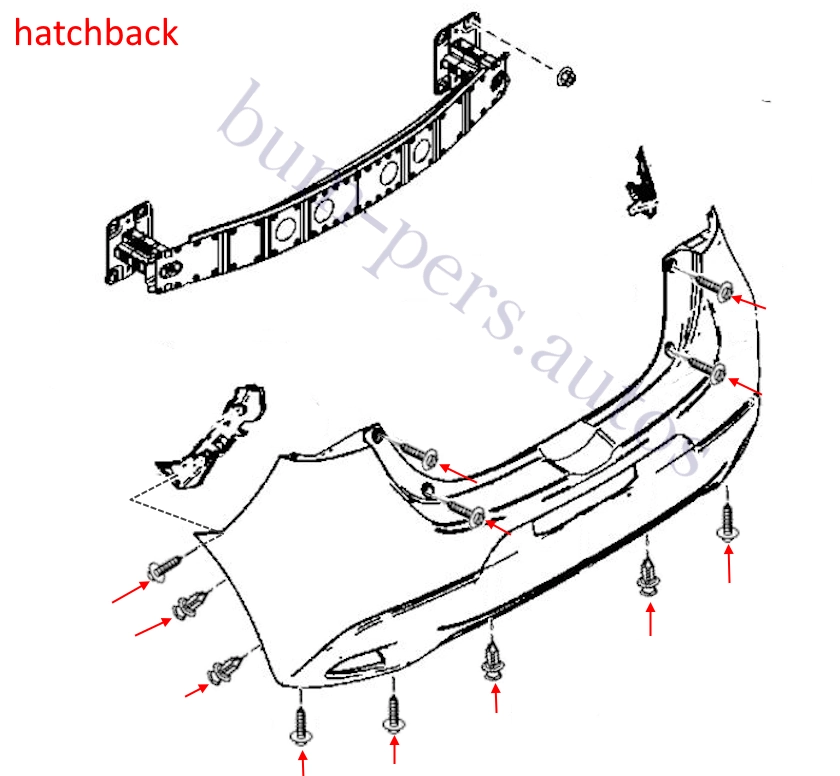 Rear bumper mounting scheme for Mazda 2 MK3 / Demio (2014-2023)