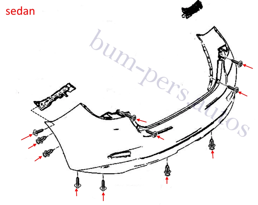 Rear bumper mounting scheme for Mazda 2 MK3 / Demio (2014-2023)