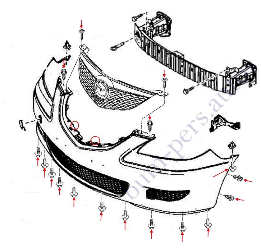Front bumper mounting scheme for Mazda 3 MK1 (2003-2009)