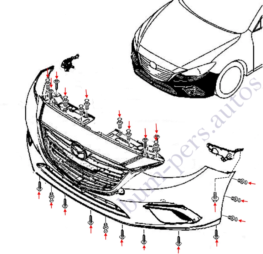 Front bumper mounting scheme for Mazda 3 MK3 (2013-2018)