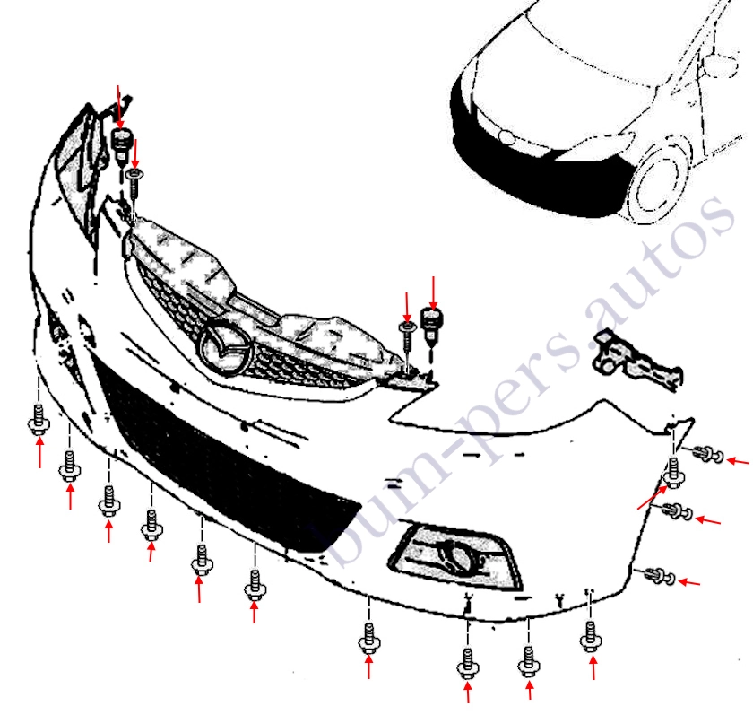 Front bumper mounting scheme for Mazda 5 MK1 CR (2005-2010)