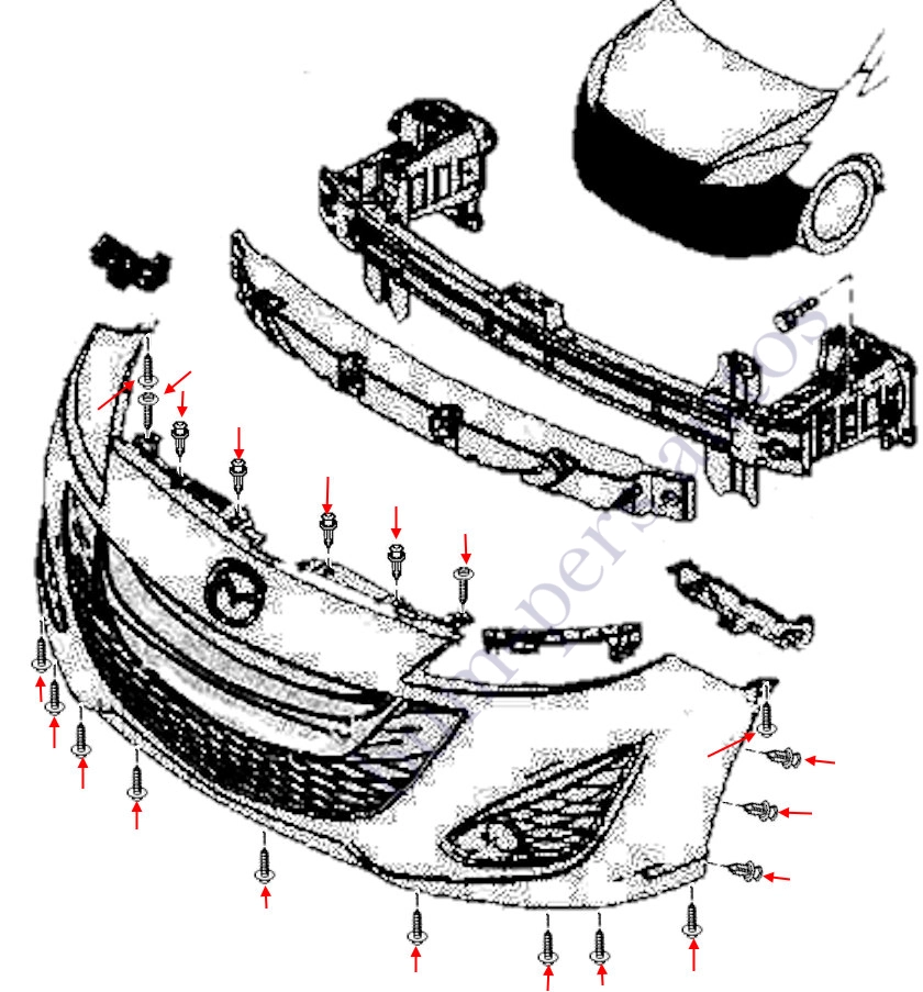 Front bumper mounting scheme for Mazda 5 MK2 CW (2010-2018)