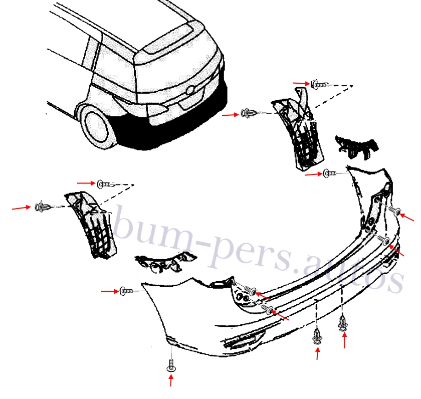 Rear bumper mounting scheme for Mazda 5 MK2 CW (2010-2018)