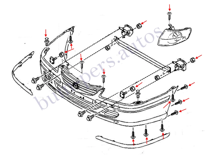 Front bumper mounting scheme for Mazda 626 MK5 GF / GW (1997-2002)