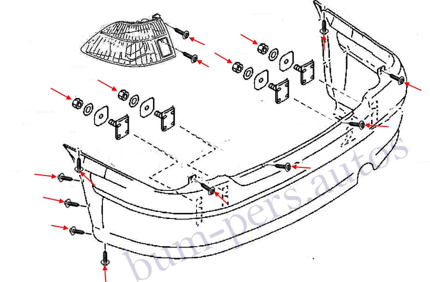 Rear bumper mounting scheme for Mazda 626 MK5 GF / GW (1997-2002)