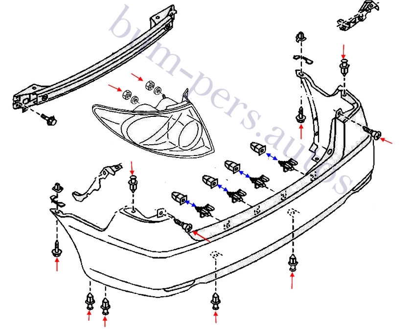 Rear bumper mounting scheme for Mazda 6 MK1 GG1 / GY (2002-2008)