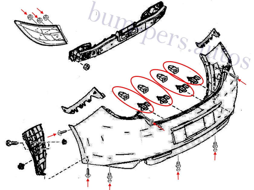 Rear bumper mounting scheme for Mazda 6 MK2 GH (2007-2013)